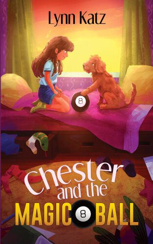 Book cover illustration featuring a girl and her dog on a bad while sunlight is filling the room; beautiful lightning