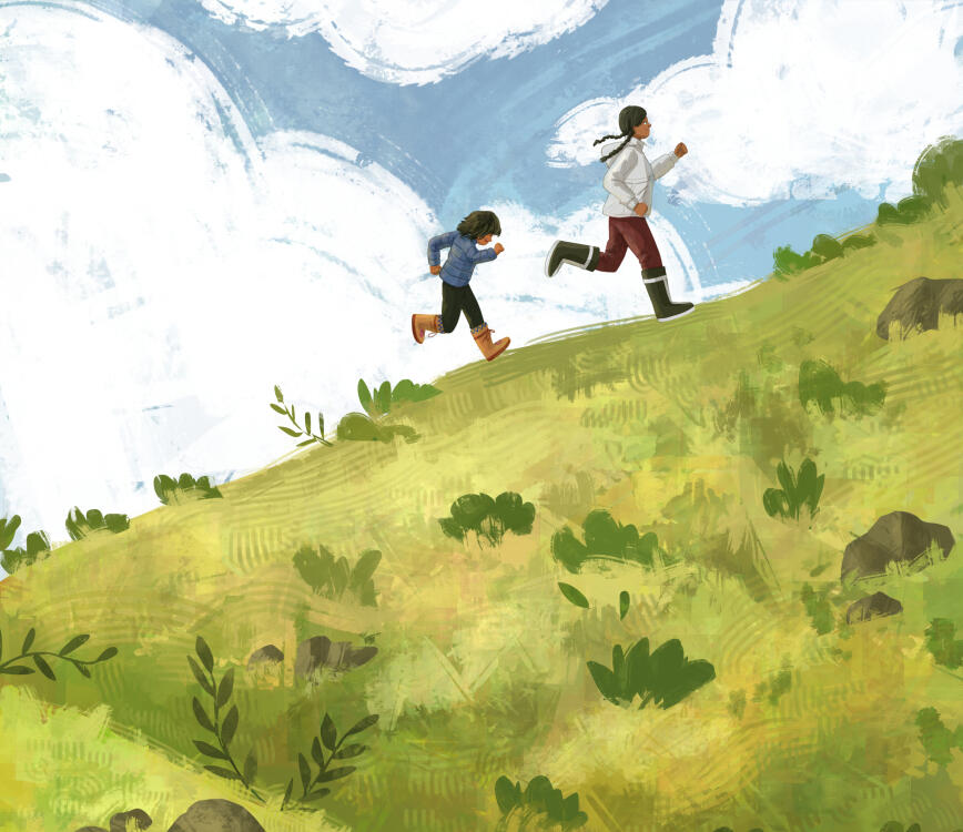 Children's book illustration featuring a Nunavut girl and her aunt running up hill with a sky with clouds on the background