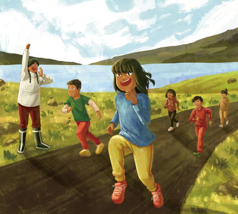 Cute colorful illustration featuring Nunavut children participating in a running competition
