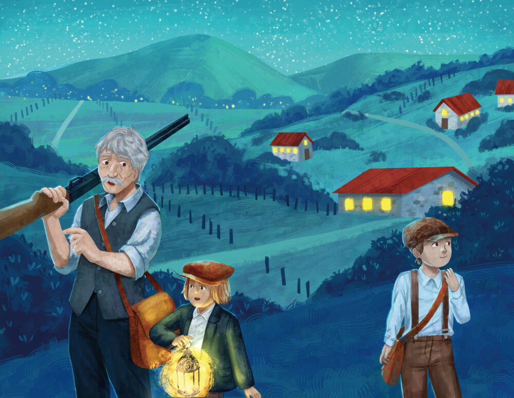 A night children's book illustration featuring family of a grandfather and two grandchildren going on hunting. Guernica countryside