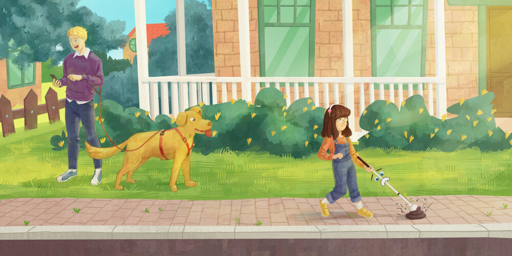 Cute colorful children's picture book illustration featuring a 12 year old girl with vision impairment using walking cane to walk the street