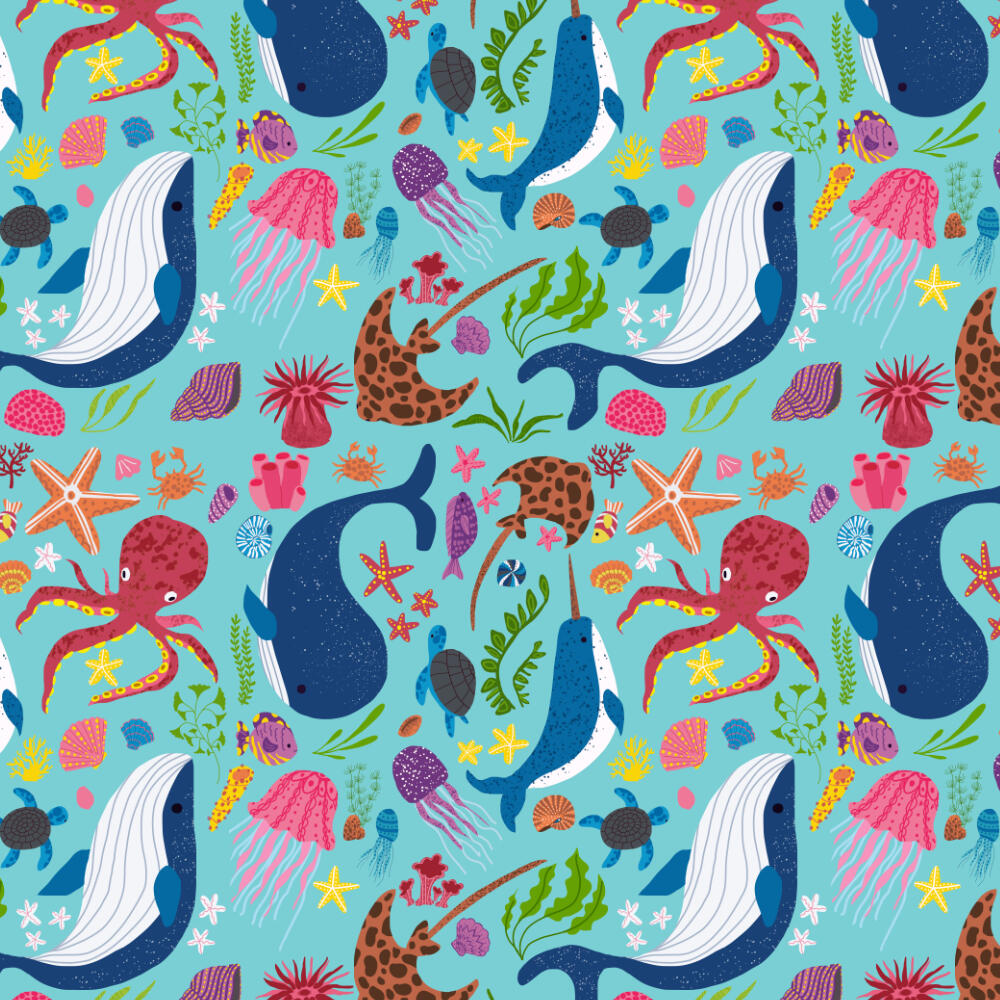 Pattern feat. sea fauna (whale, octopus, stingray, jellyfish, starfish) and flora, shells, seaweed suitable for fabrics, curtains, wallcoverings, office stationary, office packaging, home decor, furniture