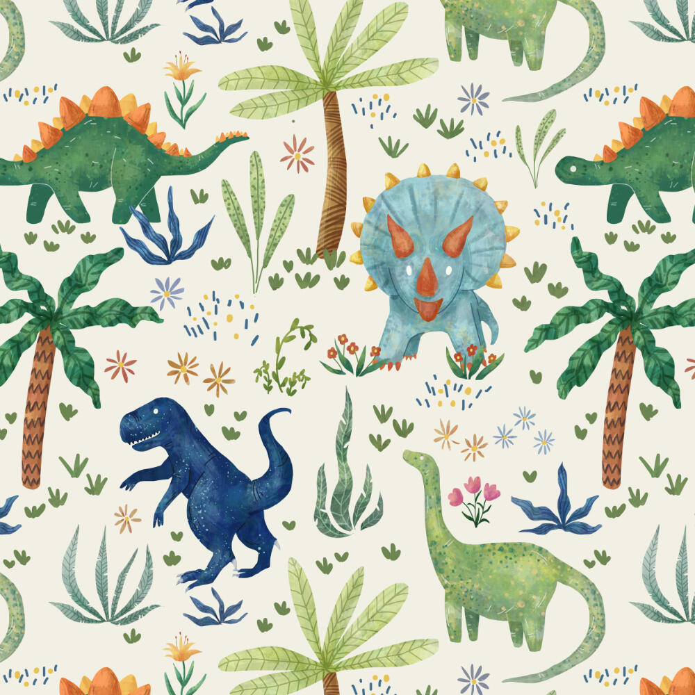 Pattern feat. dinosaurs suitable for kids fabrics, curtains, wallcoverings, office stationary, office packaging, home decor, furniture
