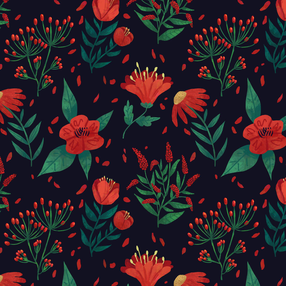 pattern featirung red flowers on dark background suitable for fabrics, curtains, wallcoverings, office stationary, office packaging, home decor, furniture