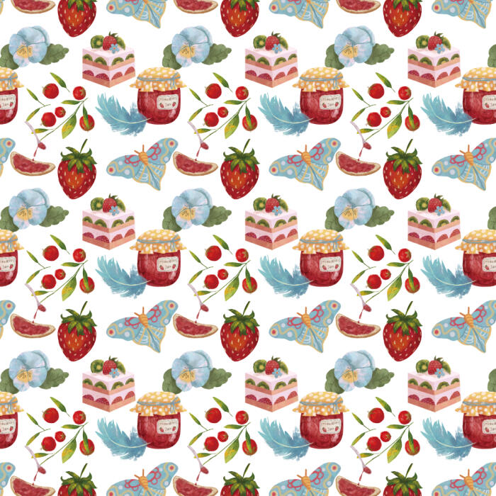 Pattern feat. desserts (cake, jam, strawberry), flowers, butterfly, feather suitable for fabrics, curtains, wallcoverings, office stationary, office packaging, home decor, furniture