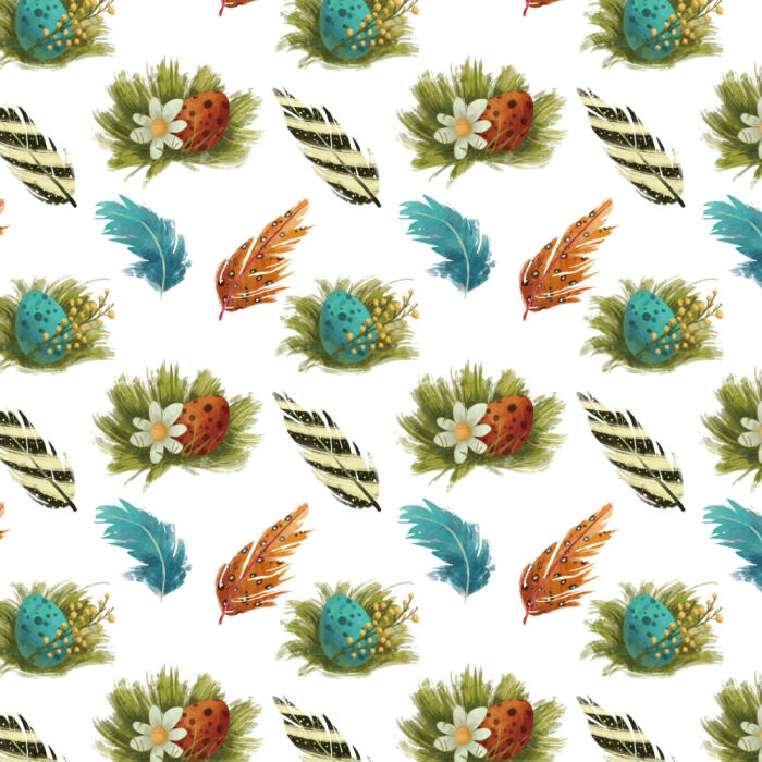 Pattern feat colorful eggs and feathers suitable for fabrics, curtains, wallcoverings, office stationary, office packaging, home decor, furniture; Easter party paper, gift paper