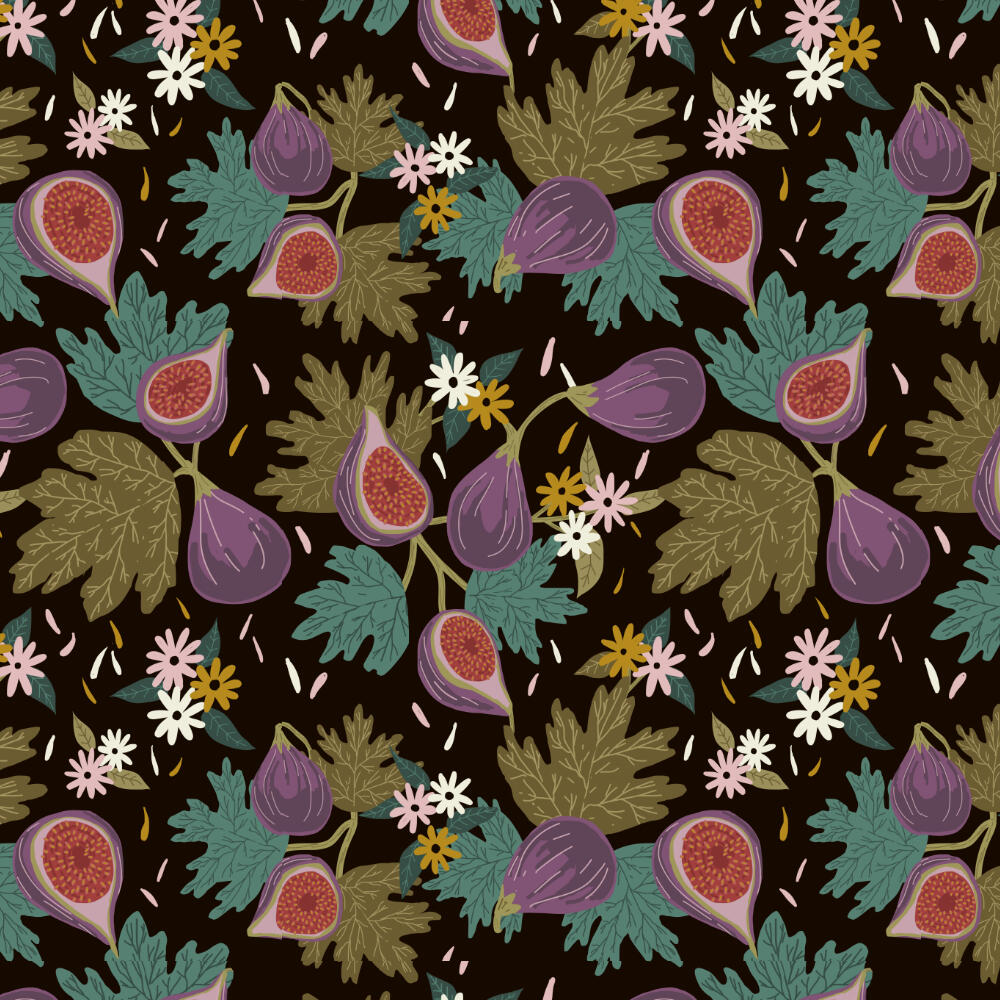 Colorful pattern feat. figs with flowers and leaves suitable for fabrics, curtains, wallcoverings, office stationary, office packaging, home decor, furniture