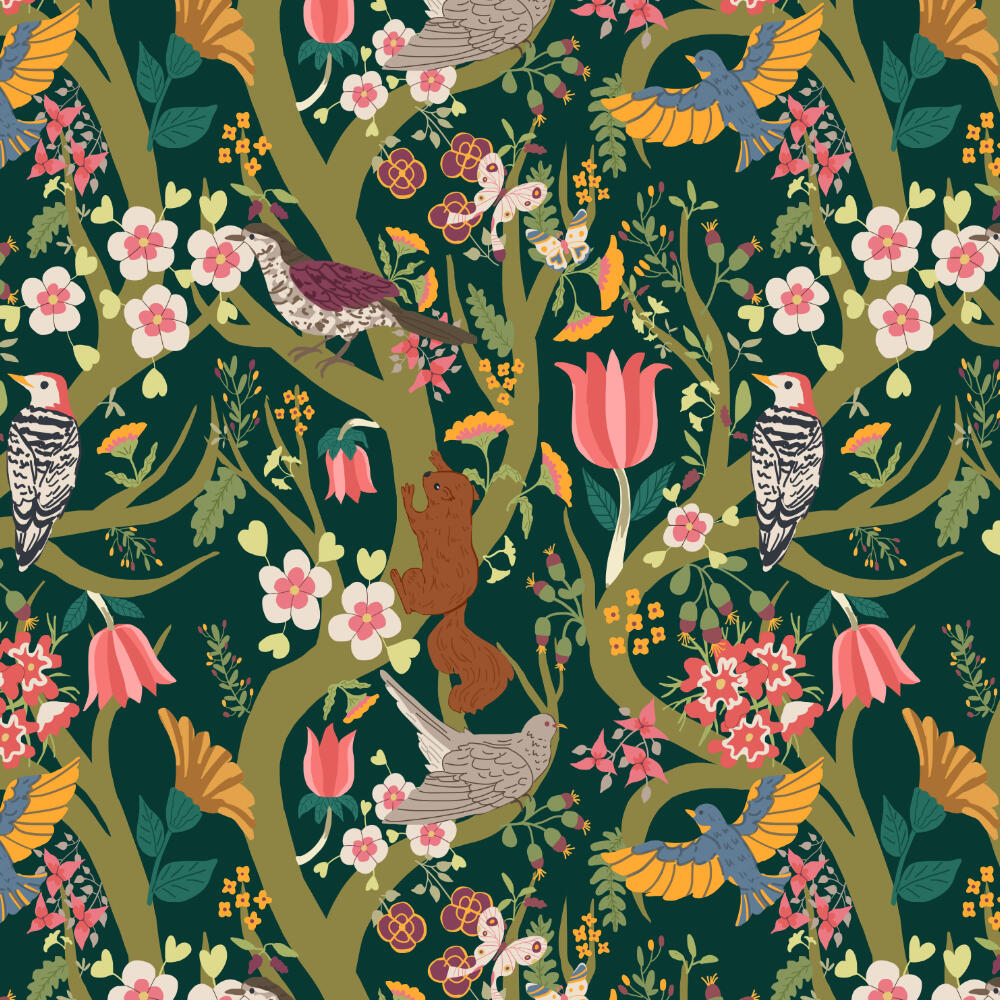 Colorful beautiful Pattern feat. flora (many colorful flowers) and fauna (birds, butterflies, squirrel) suitable for fabrics, curtains, wallcoverings, office stationary, office packaging, home decor, furniture