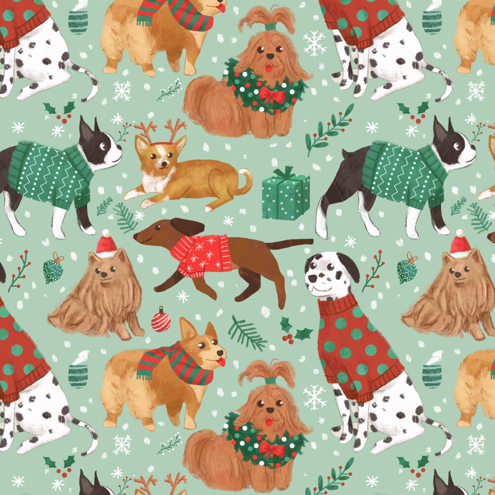 Cute colorful pattern featuring pet dogs in funny cloth, christmas themed, snowing suitable for fabrics, curtains, wallcoverings, office stationary, office packaging, home decor, furniture; Christmas pattern for party paper, wrapping paper, gift paper