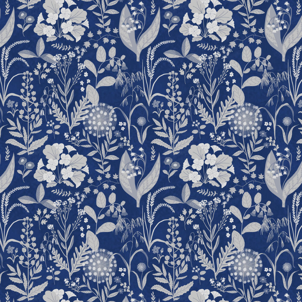 Beautiful Pattern feat. many flowers; grey on blue background suitable for fabrics, curtains, wallcoverings, office stationary, office packaging, home decor, furniture