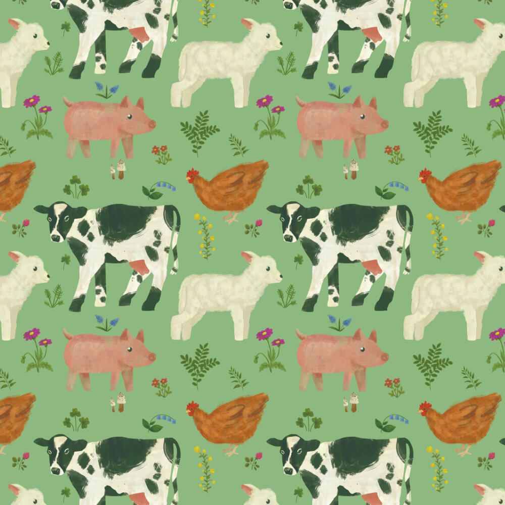 Cute pattern feat. farm animals (sheep, pig, cow, chicken) and flora on green background suitable for fabrics, curtains, wallcoverings, office stationary, office packaging, home decor, furniture