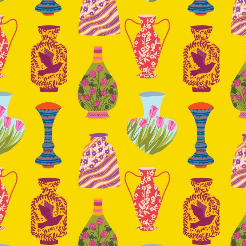 Beautiful Colorful pattern feat. vitage vasessuitable for fabrics, curtains, wallcoverings, office stationary, office packaging, home decor, furniture; wrapping paper, party paper, party products