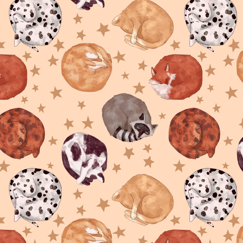 Cozy cute Pattern feat. seeping animals dog cats fox raccon ferret suitable for fabrics, curtains, wallcoverings, office stationary, office packaging, home decor, furniture