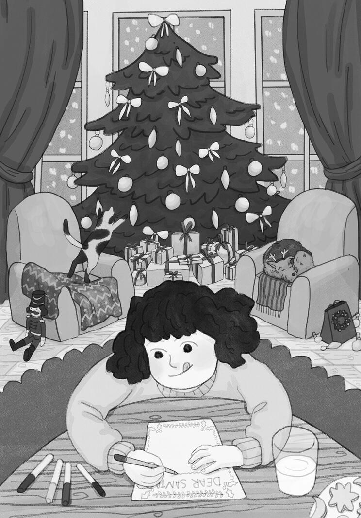 Black and white childrens book illustration, featuring a girl in a Christmas decorated room who writes a letter to Santa Claus.