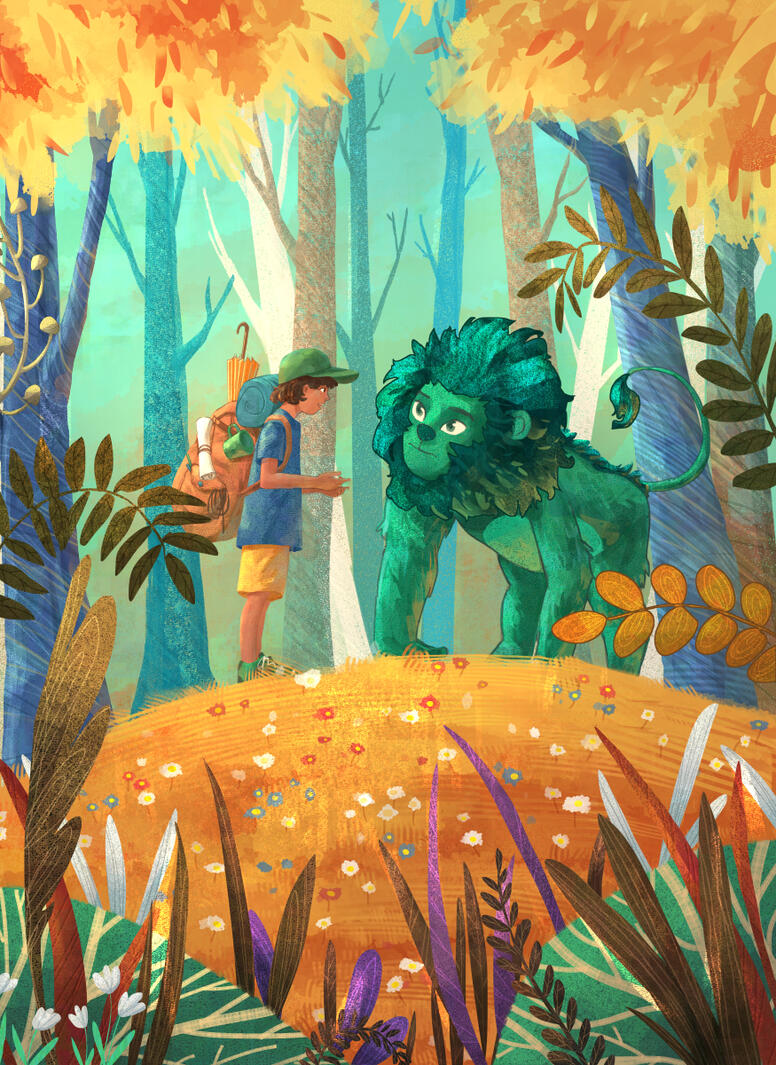 Beautiful children's middle grade book illustration with rich colors featuring a boy on the run meeting a magical creature (green half-lion half-gorilla) who listens attentively. Forest with trees and plants and flowers as background
