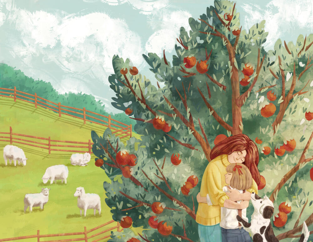 Cute colorful children's book illustration featuring a woman hugging a girl with an apple tree and a beautiful farm with sheep on the background