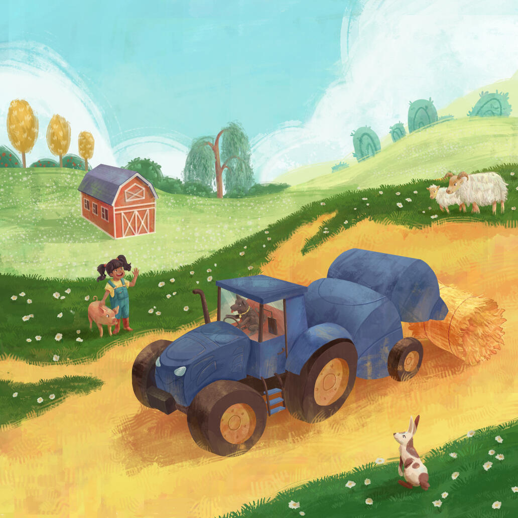 A children's picture book cute colorful illustration featuring farm and a girl waving at tractor. Various farm animals around (pig, sheep, hare, dog), nature on the background