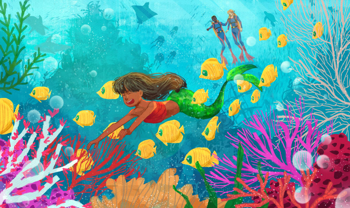 A colorful cute mermaid illustration featuring undersea yellow fish and two scuba divers; sea's flora and fauna