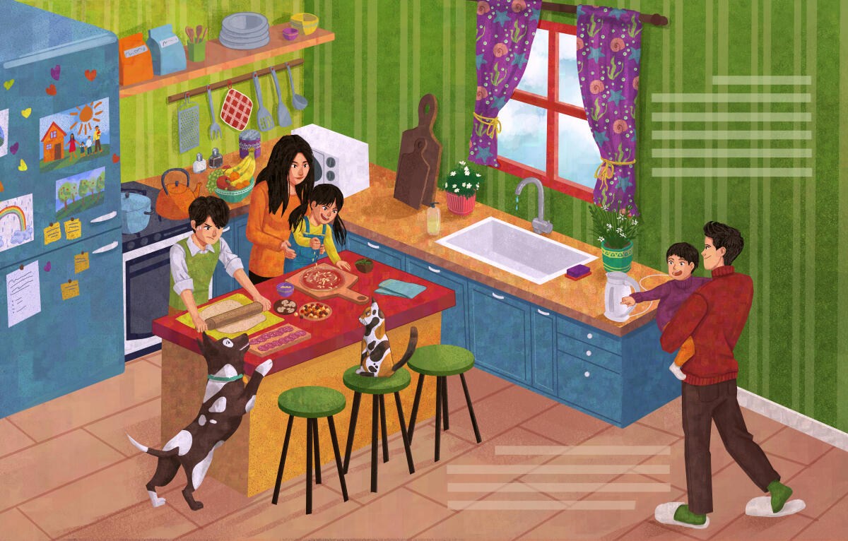A cute colorful illustration featuring a family of East Asian mother, father and 3 children cooking a pizza together in kitchen. A dog playfully stealing foor and cat sitting beside.