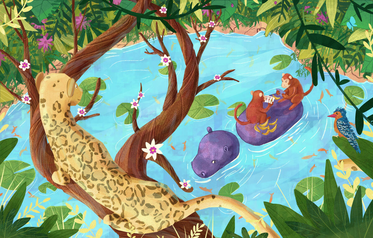 A Children Book illustration featuring exotic animals (monkeys playing cards, hippopotamus and jaguar) in jugle.