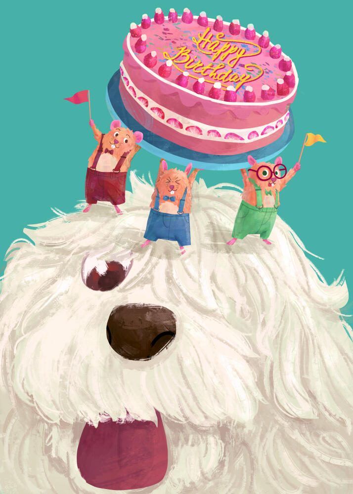 A greeting birthday cat featuring a head of a huge friendly white dog. There are 3 hamsters standing on its head holding a cake that read Happy Birthday. Cororful, cute and funny.