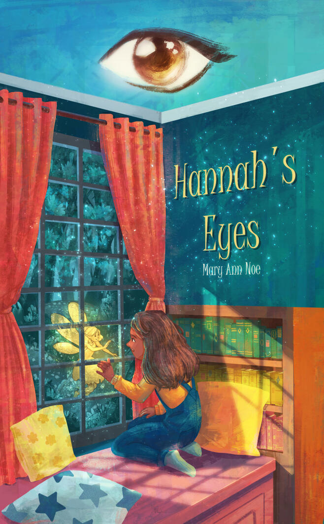 A cover illustration featuring a girl at night in her room sitting at window and seeng a fairy outside in a magical forest. Beautiful, rich colors, stunning lightning