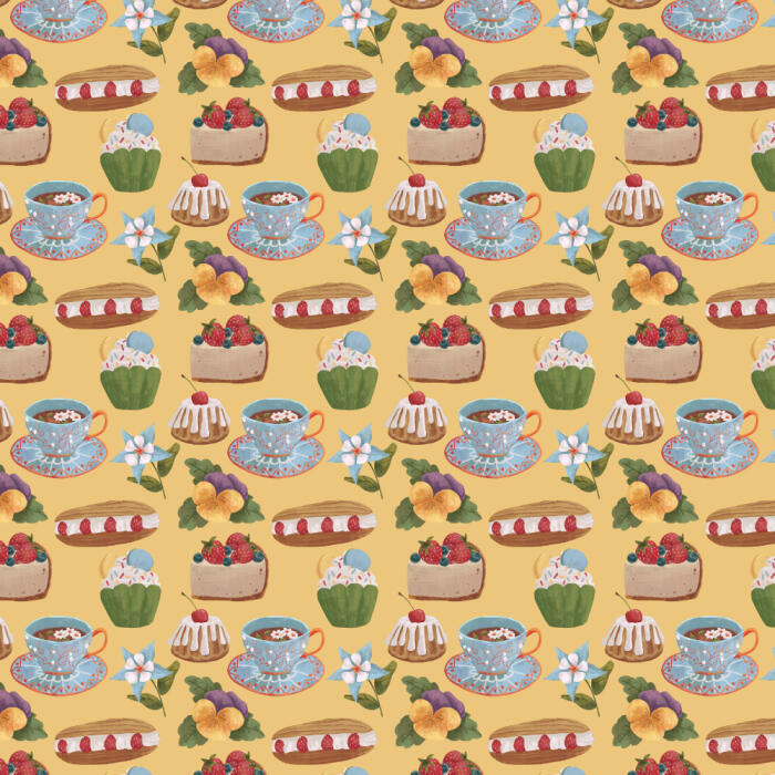 Cute colorful pattern featirung desserts (cake, tea, cupcake) suitable for fabrics, curtains, wallcoverings, office stationary, office packaging, home decor, furniture
