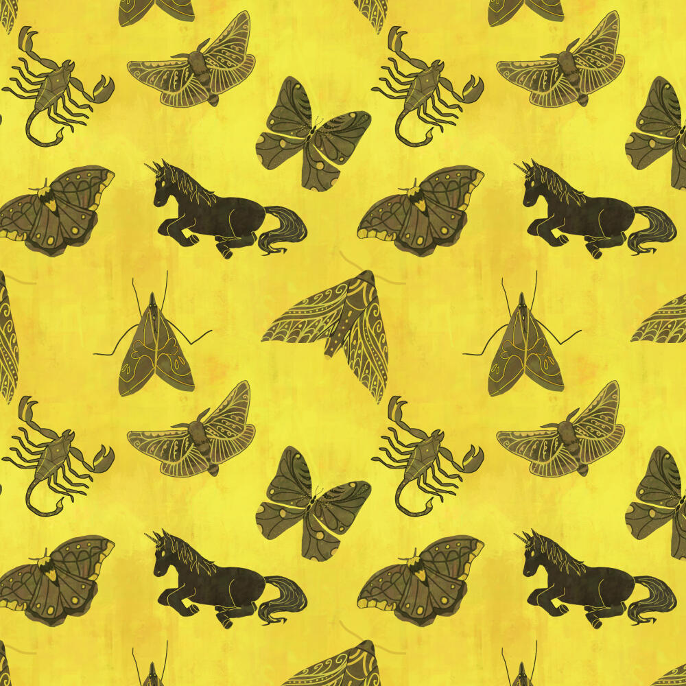 Whimsical Pattern feat. magical animals (scorpio, unicorn, butterflies, moth) on golden yellow background suitable for fabrics, curtains, wallcoverings, office stationary, office packaging, home decor, furniture