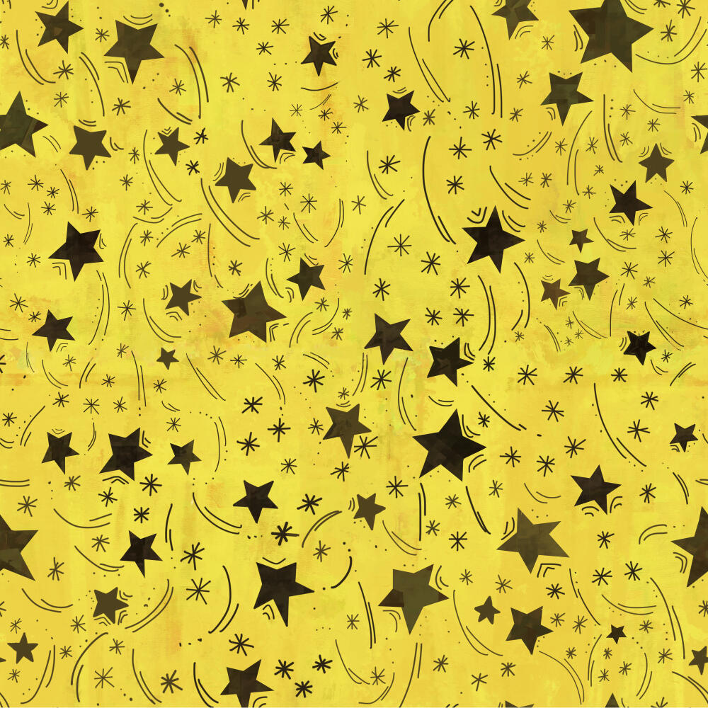 Pattern featuring black stars on a golden yellow background for fabrics, curtains, wallcoverings, office stationary, office packaging, home decor, furniture