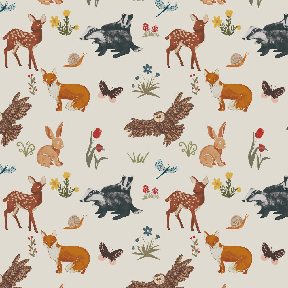 Pattern featuring forest flora and fauna (fox, hare, butterflies, fawn, badger) suitable for fabrics, curtains, wallcoverings, office stationary, office packaging, home decor, furniture