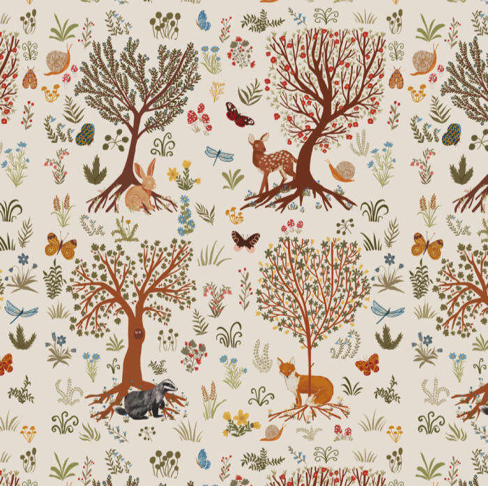 Pattern featuring forest flora (whimsical trees) and fauna (fox, hare, butterflies, fawn, badger) suitable for fabrics, curtains, wallcoverings, office stationary, office packaging, home decor, furniture